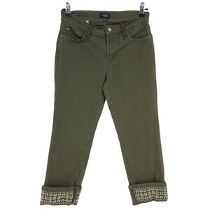 NYDJ Dayla Wide Cuff Capri Jeans Olive Green Embroidered Denim Petite 4P